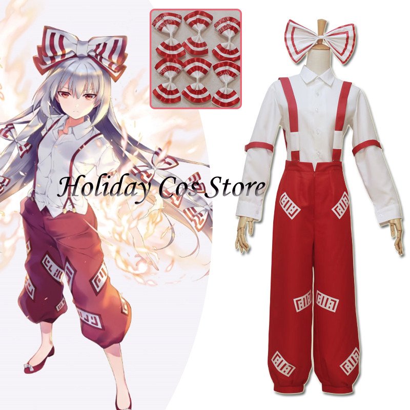 Anime TouHou Project Fujiwara no Mokou Cosplay Costume With Bowknot Headwear Men Women Halloween Par