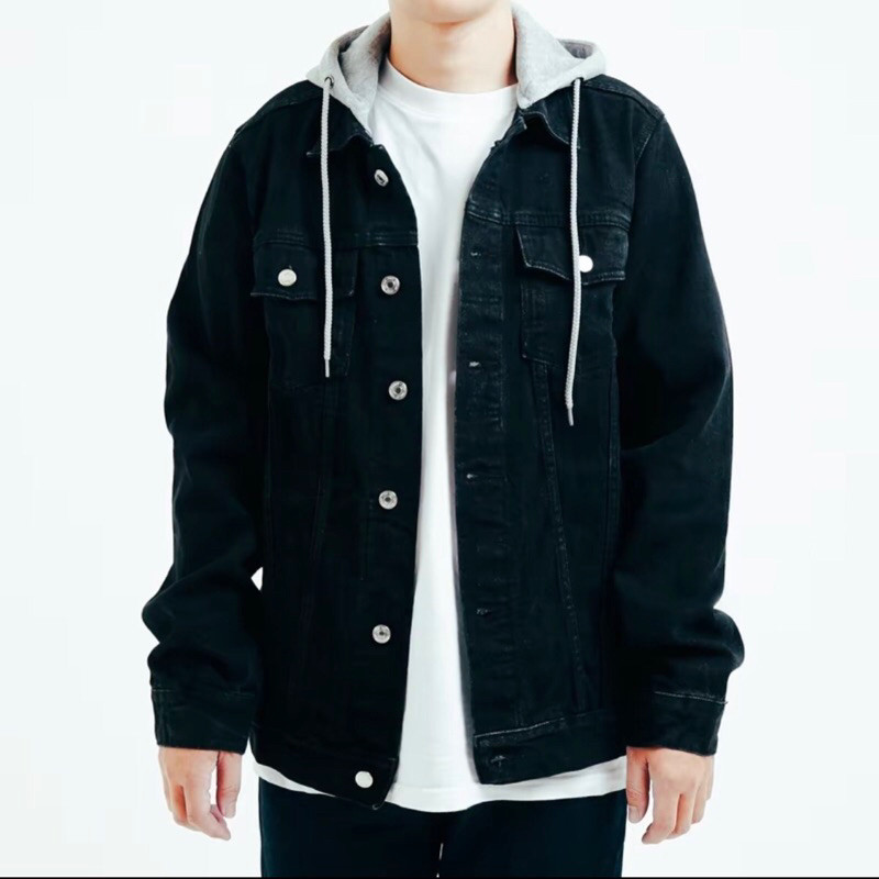Jaket Jeans Denim Boy Hoodie Hitam Double Sleeting - Bioblitz