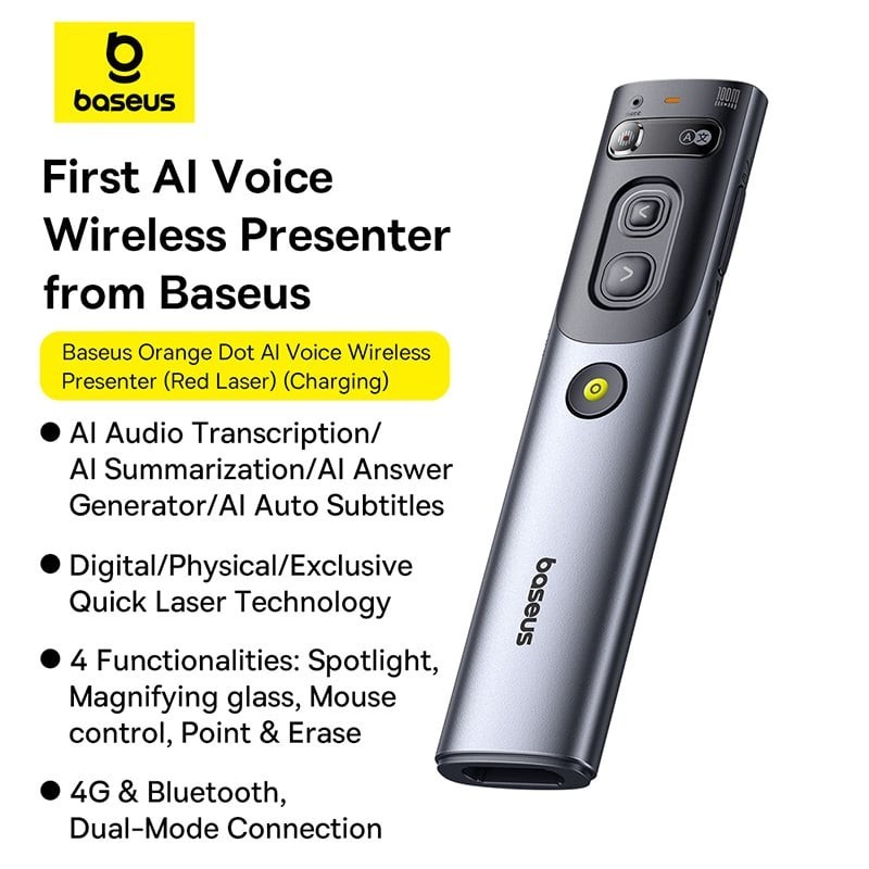 Baseus Orange Dot Spotlight Presenter Dual Mode Wireless 2.4G & Bluetooth AI Voice Transcription Red