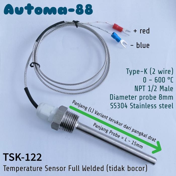 Thermocouple Type-K NPT 1/2 in kabel 2 wire probe 100mm 10cm Stainless