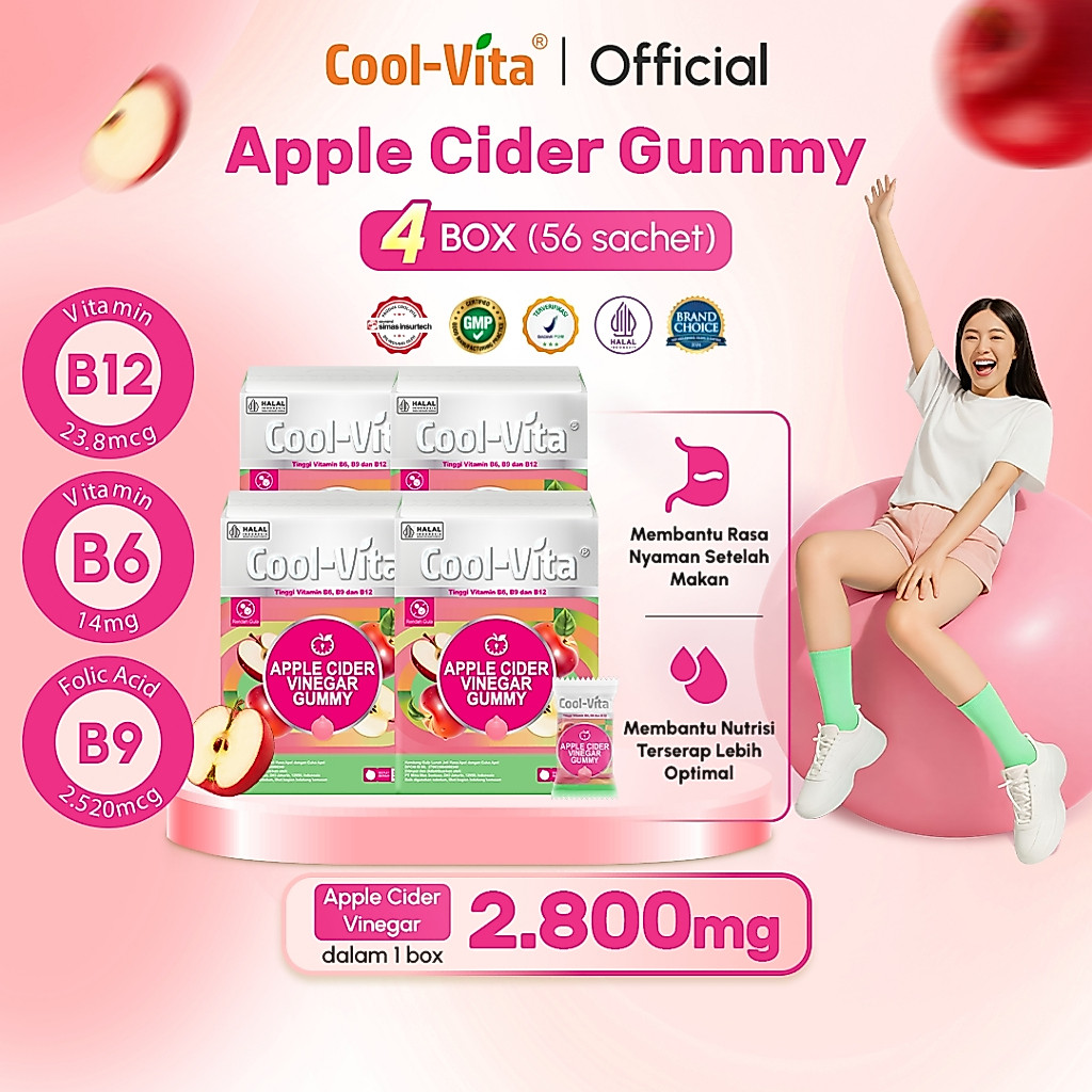 COOLVITA Terbaru 4 Box Apple Cider Vinegar Gummy | Jaga Imun & Nutrisi untuk Tubuh Ideal | Mengandun
