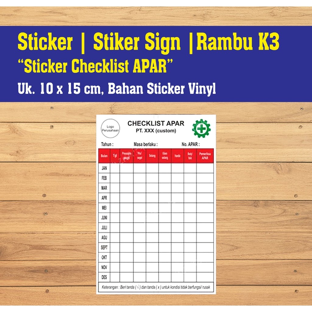 STICKER CHECKLIST APAR (Custom Logo & Nama Perusahaan) SIGN RAMBU K3 Uk. 10 x 15 CM