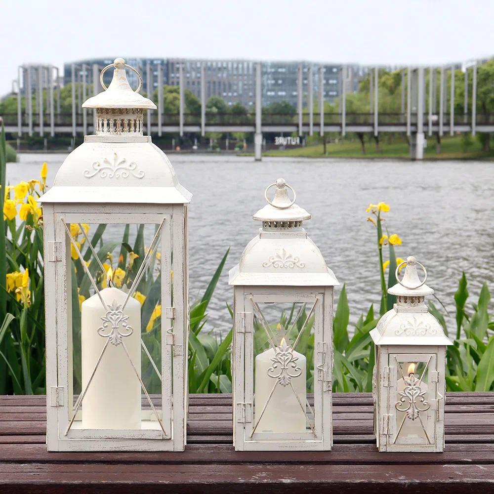 HYS retro classic metal white brush gold set three lanterns lantern family ornament photo bar orname