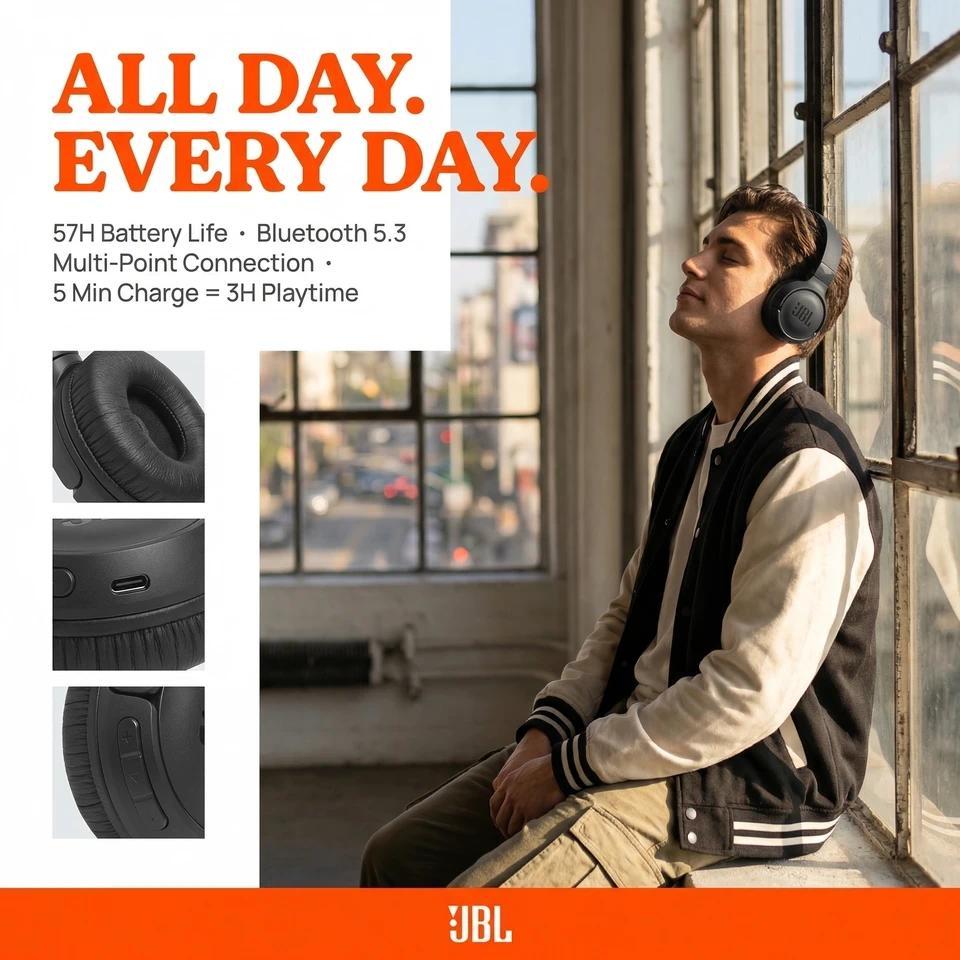 100% Original JBL Tune 520BT Wireless Bluetooth 5.3 Headphone Multi-Point Connection Headset Support