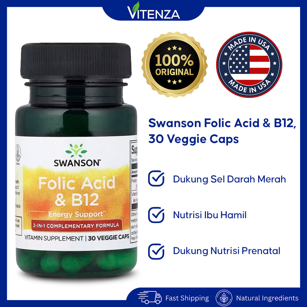 Swanson Folic Acid + Vitamin B12 30 Capsules - Asam Folat Promil Original
