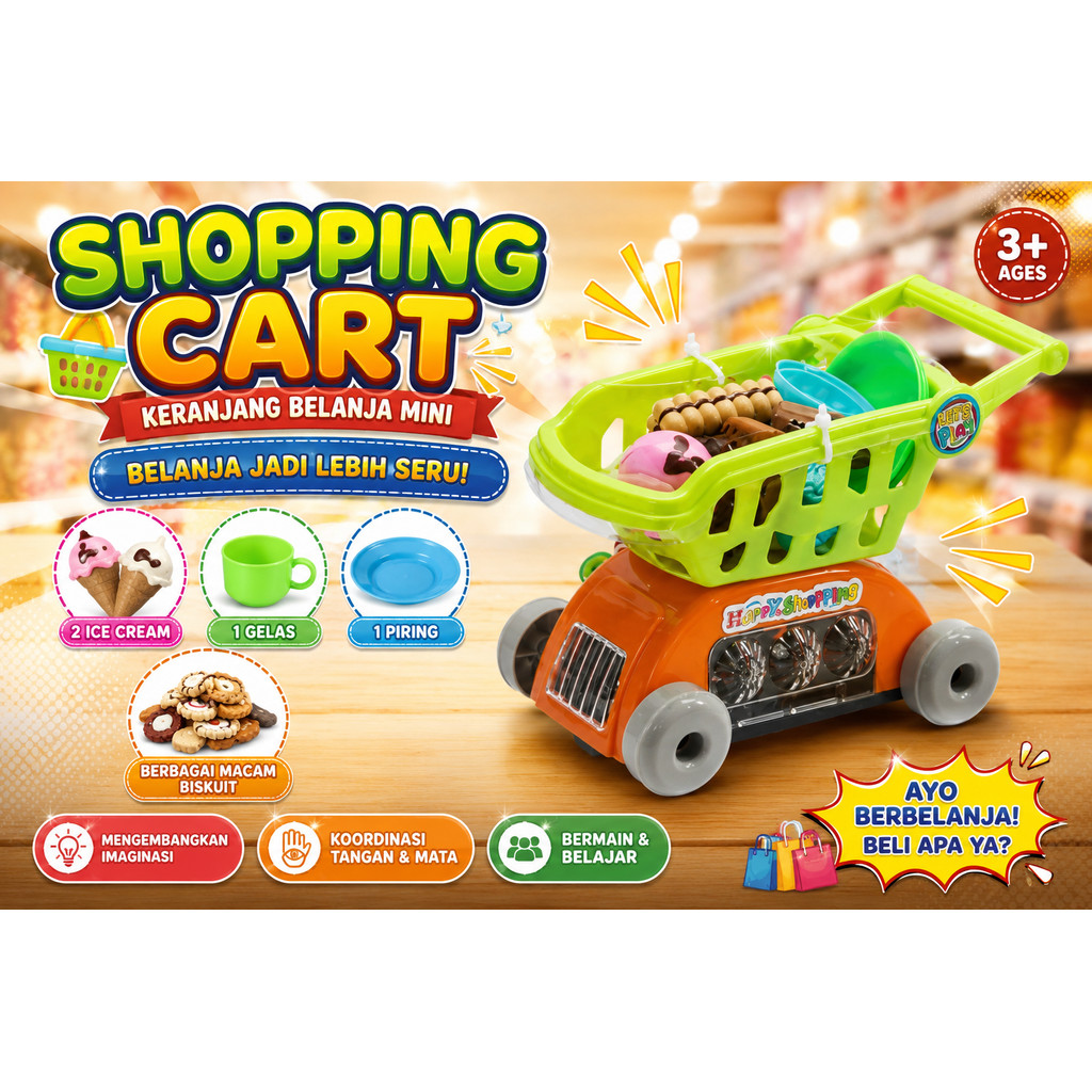 Mainan Troli Belanja Anak Shopping Cart Musik Lampu Rotating Bump & Go Edukatif Usia 3 Tahun+