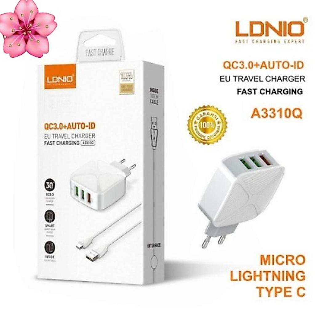 LDNIO A3310Q Charger HP Android super cepat Type C 33W 3 USB Port
