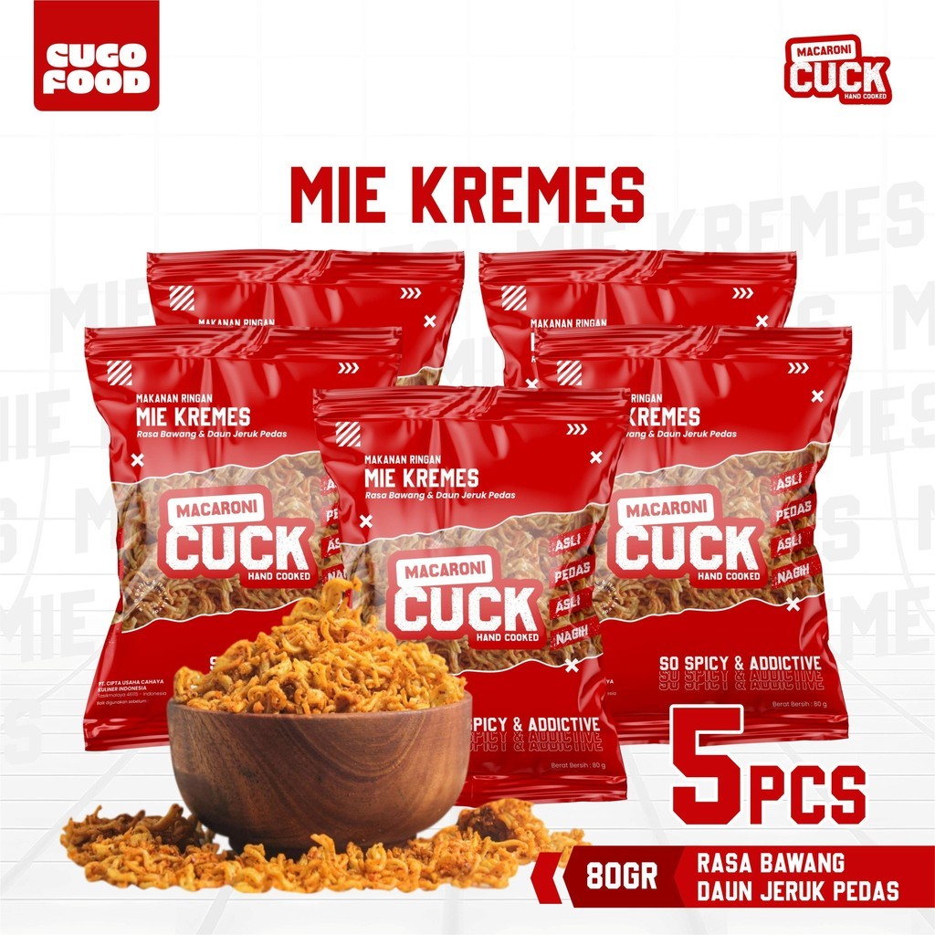 

Mie Kremes Pedas Daun Jeruk 5 Pcs x 80 Gram Kemasan Reguler Snack Keripik Macaroni Cuck Cugo Food Camilan Pedas