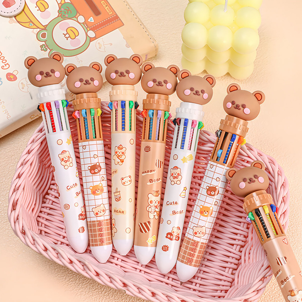 

4PCS Ten color bear ballpoint pen, 0.5MM press type writing pen, interesting printing design and water-based ink, school supplie