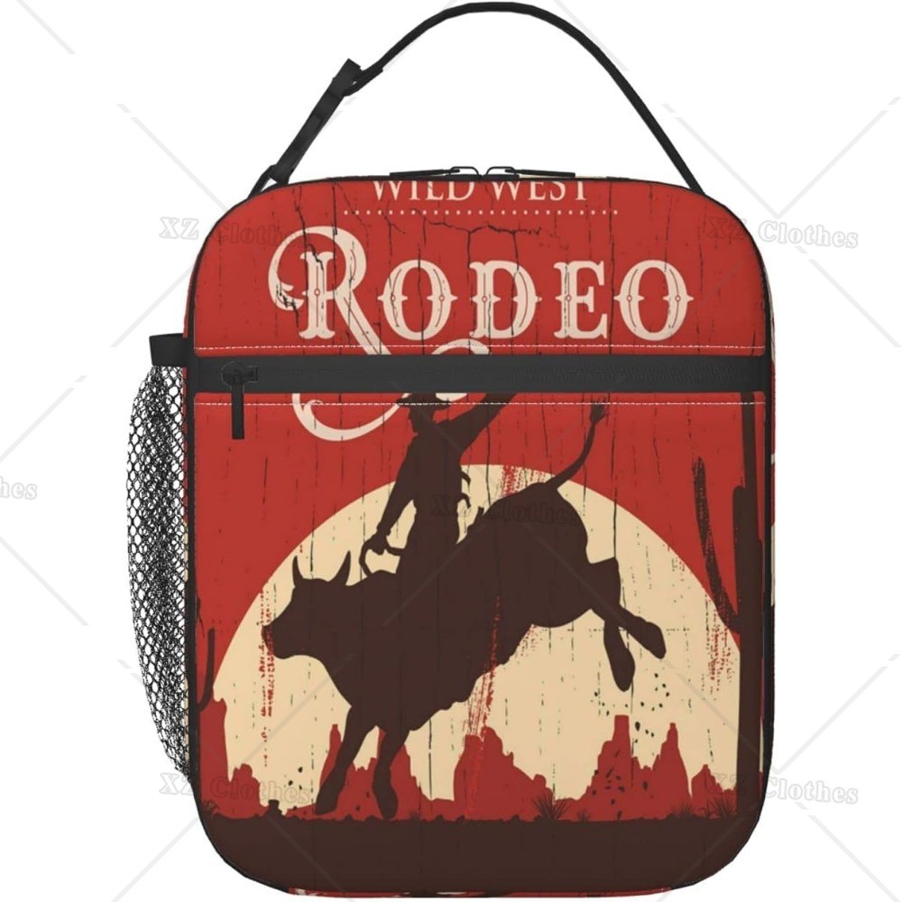 Rodeo Cowboy Riding Bull At Sunset Image Insulated Lunch Bag Reusable Western Style Lunch Box Cooler