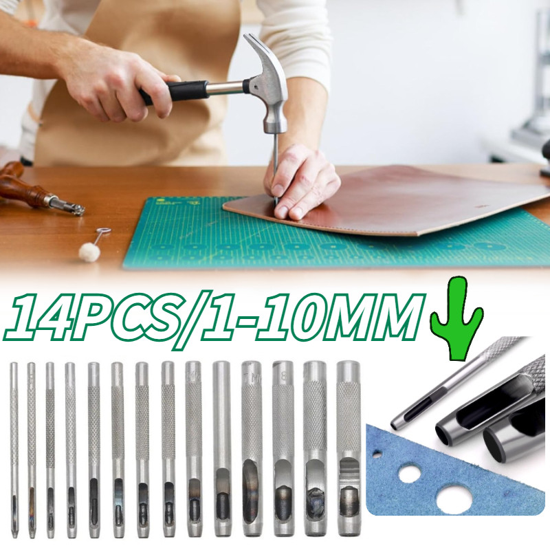 

14PCS/1-10mm Pembolong Kulit Leather Hole Punching Tools Steel Hollow Round Alat Pelubang Sabuk