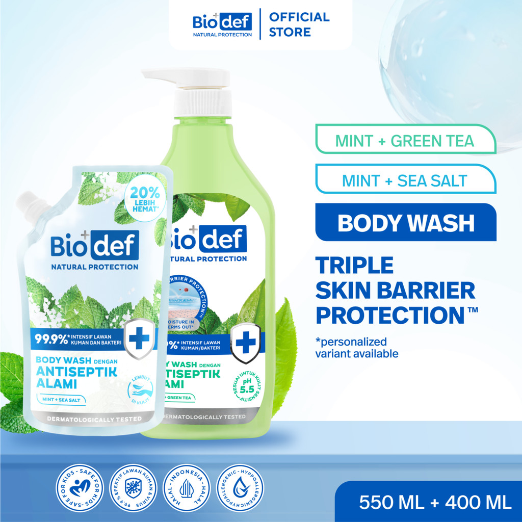 [DOUBLE DEALS] Biodef Body Mint Wash Botol 550ml & Refill 400ml | Gentle Body Wash PH Low 5.5 Antise