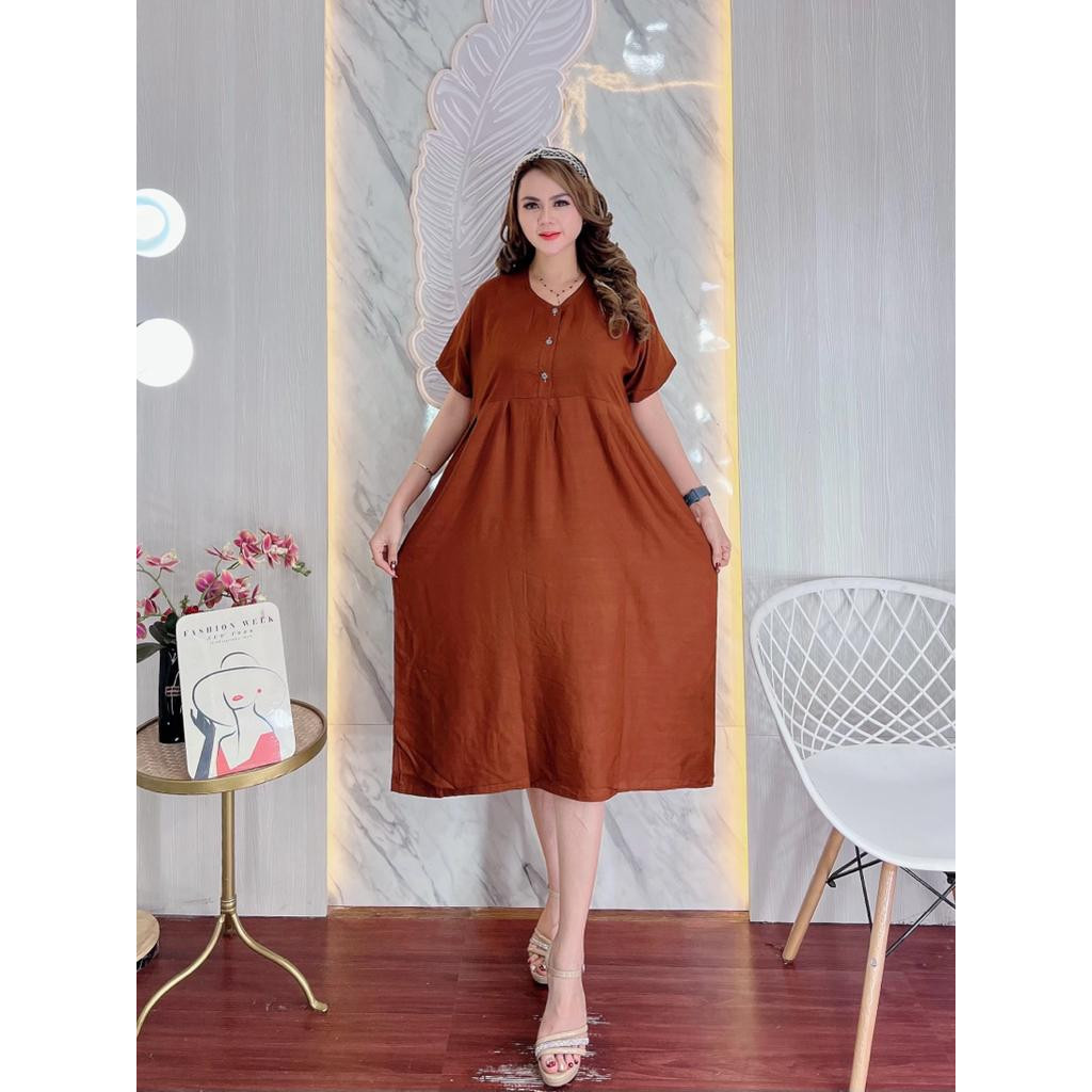 BatikKM Daster Chibi Polos Rayon Premium Cantik Dress Batik Daun Panjang Ibu marina frill  Nyaman Bu