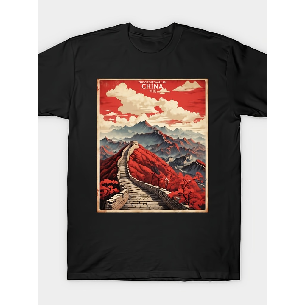 Kaos T-shirt Pria Wanita Motif Tembok Besar Cina Vintage Retro Baju Keren Bahan Adem