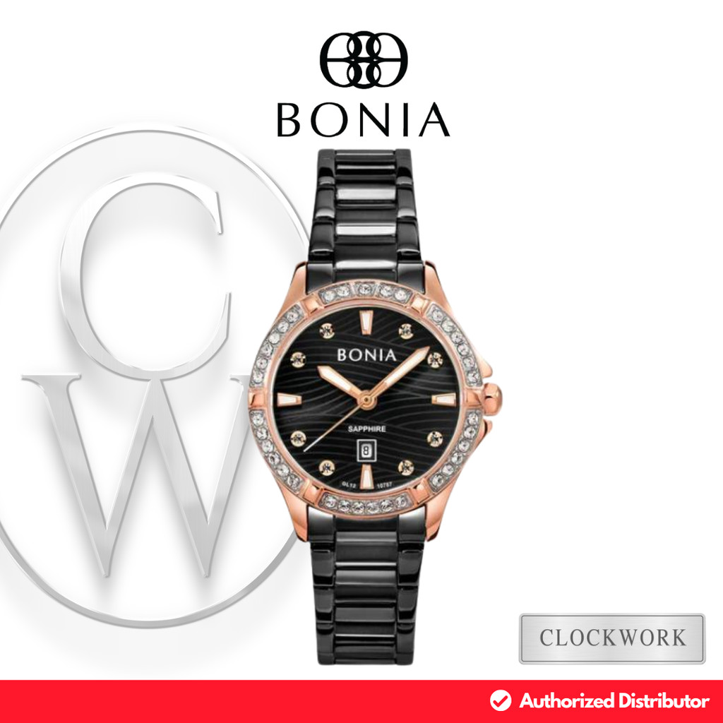 Jam Tangan Wanita Bonia Original BN B10787-2037S Rantai Mewah Formal Kombinasi Hitam dan Rosegold