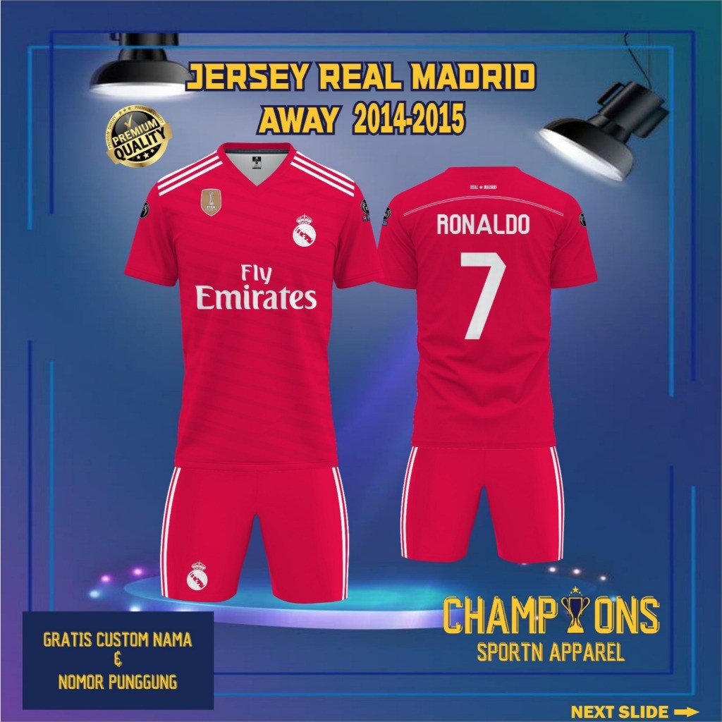 Jersey Sepak bola custom Real Madrid Away 2014 2015 – Full Printing Dryfit Milano | Nama & Nomor
