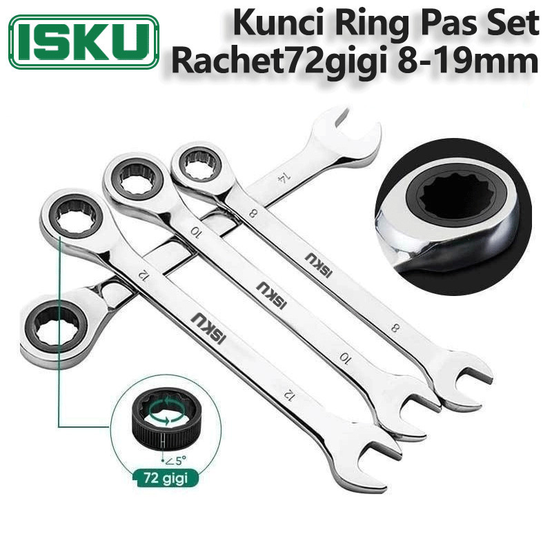 ISKU Kunci Ring Pas Set Ratchet 8-19mm Multifungsi Kunci Ring Pas Bolak Balik Ring Pas Kunci Ratchet