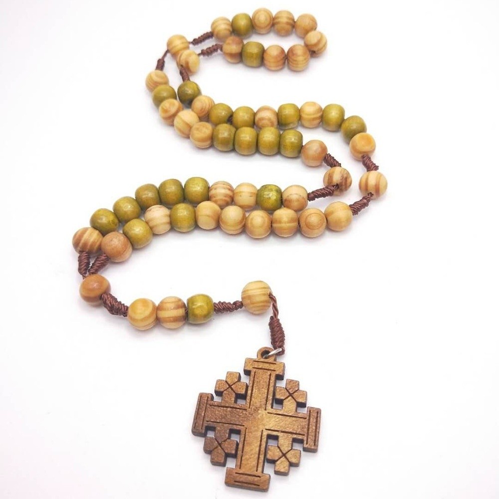 2Pcsd Antique Wooden Rosary Necklaces Jerusalem Cross Pendant for Religious Jesus Jewelry Gifts