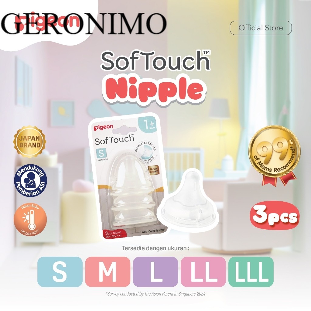 [ GERONIMO ] PIGEON SofTouch Nipple Dot Wide Neck - 3pcs Blister | Pilih Size | Dot Seperti Payudara