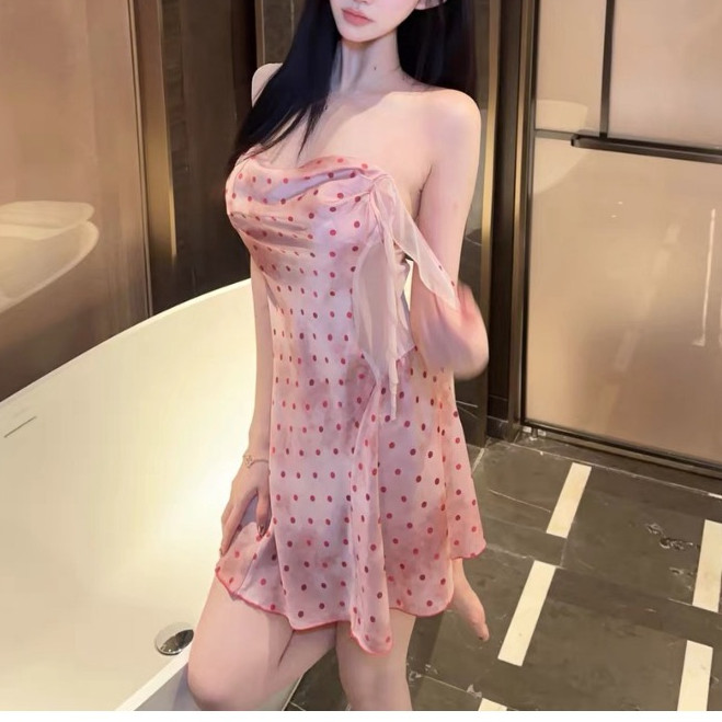 Dress Wanita Pendek DS-3303 Daster Sling Sexy Manis Imut With Bra Polka Dots Pink Baju Tidur