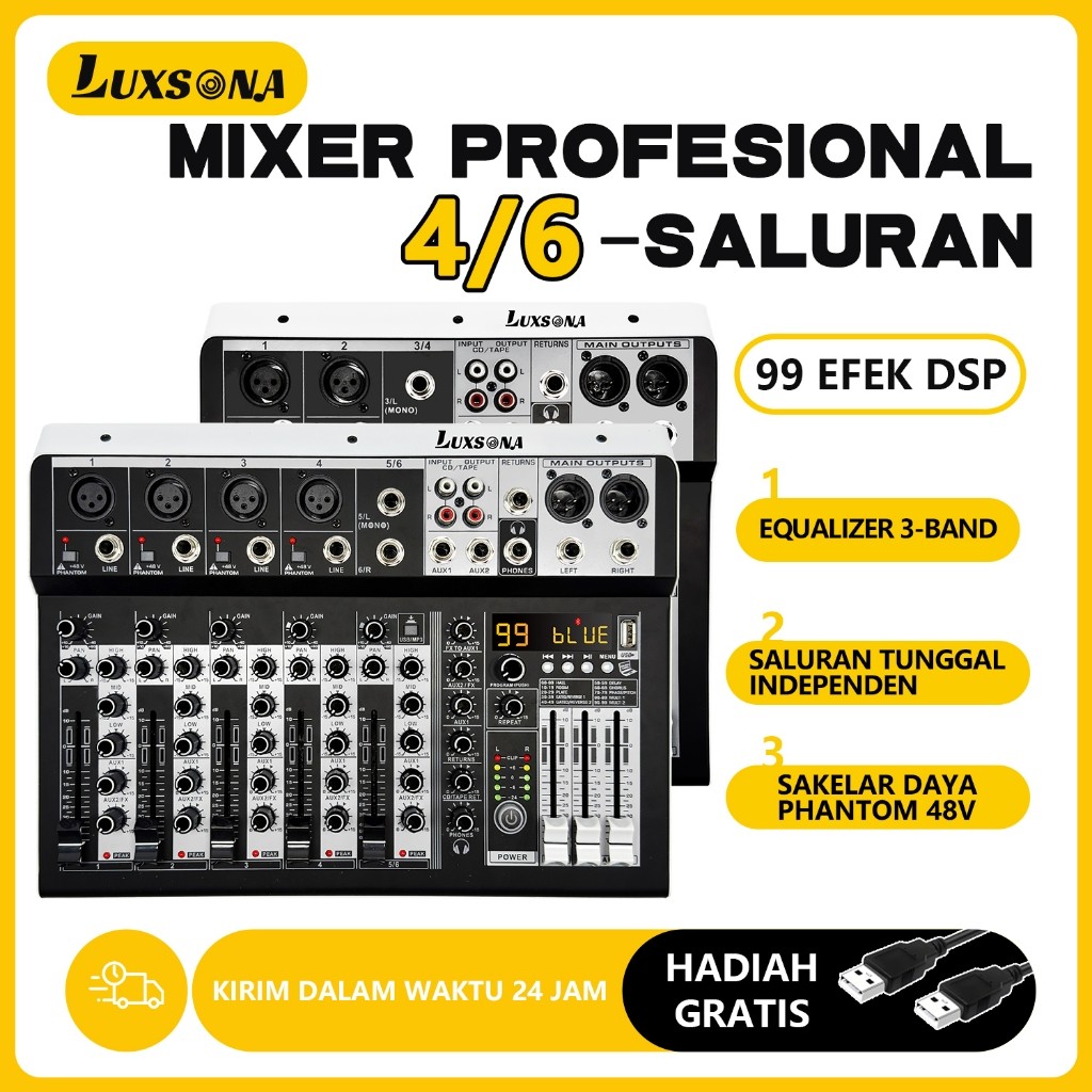 PIXELBYTE 4/6 channel Mixer audio/99DSP Effect mini Mixer/6 Saluran Digital Mixer/Misker Audio Profe