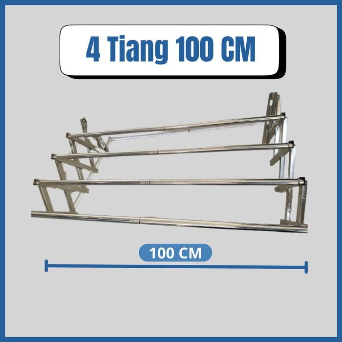Jemuran Tempel Dinding Jemuran Pakaian Lipat Stainless Jemuran Baju Dinding - 4 Tiang - 100CM