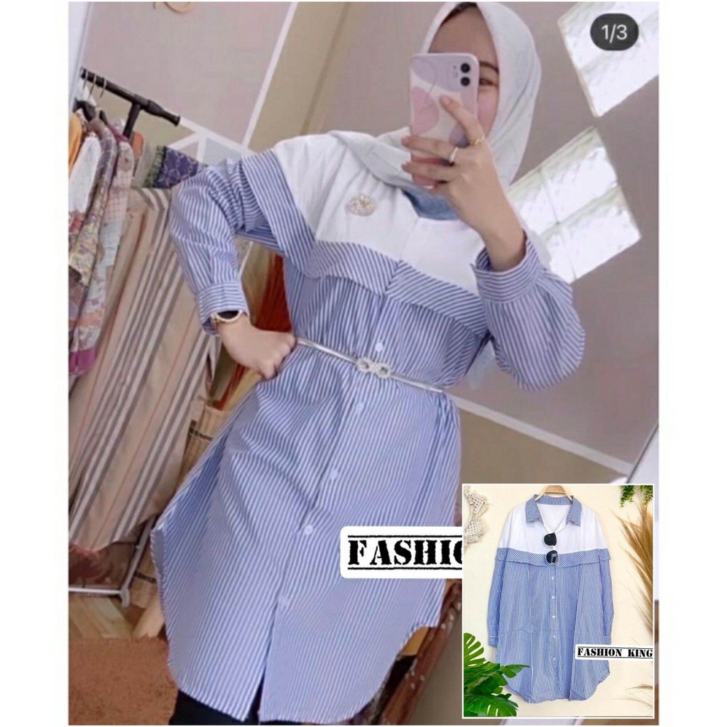 TERLARIS TUNIK KOMBINASI SALUR DAN KOTAK KOTAK LENGAN PANJANG MUSLIMAH BAHAN KATUN IMPORT PREMIUM JU