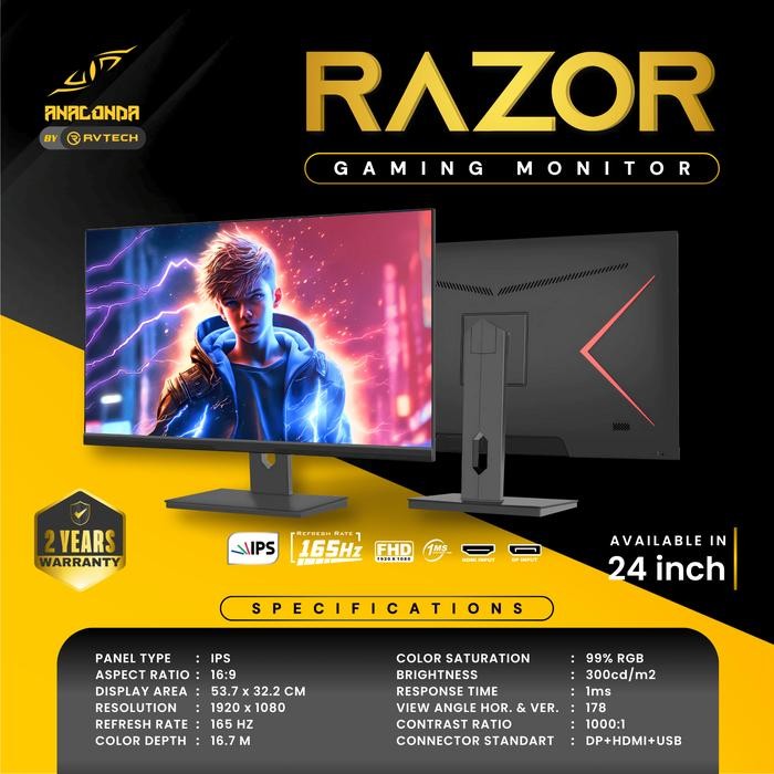 Monitor Gaming LED 24 Inch Razor Anaconda IPS 165Hz Garansi Resmi 2 Tahun