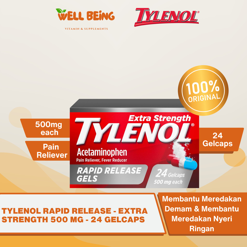 Tylenol Extra Strength Rapid Release Gels 500mg Each Isi 24 Gelcaps | WellBeing Original USA Sakit K