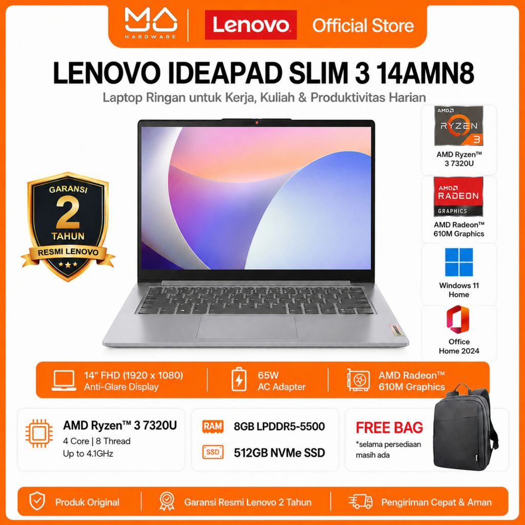 LENOVO IDEAPAD SLIM 3 14AMN8 C4ID C5ID AMD RYZEN 3-7320U 8GB 512GB WIN 11 HOME + OFFICE HOME 2024