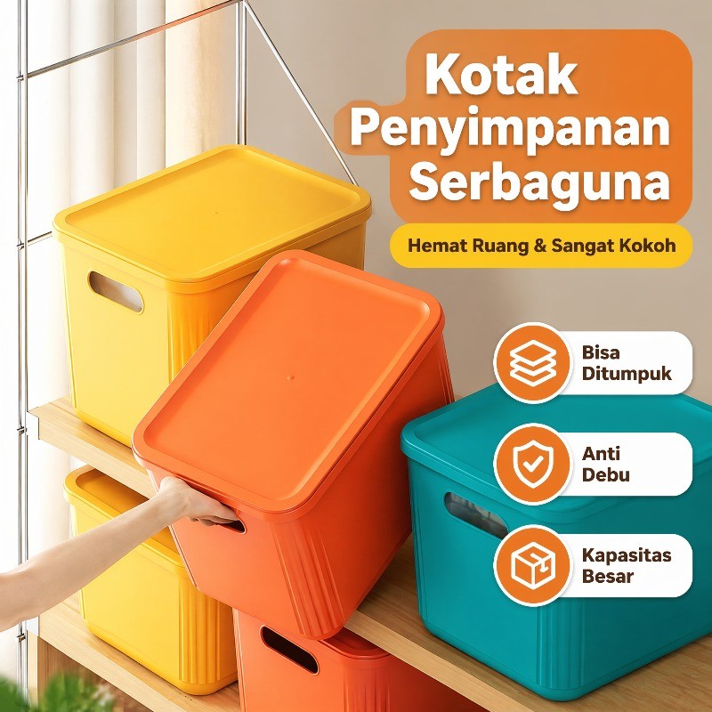Kotak Simpan Barang Serbaguna Tutup Kedap Debu Tahan Lama Dengan Pegangan Samping Hemat Ruang Lemari
