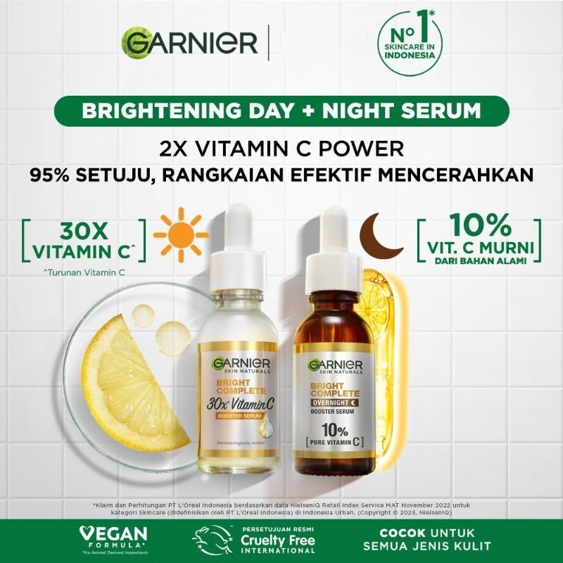 Garnier Bright Complete Overnight Vitamin C Serum/10% Pure Vitamin C Overnight Siang dan Malam Serum
