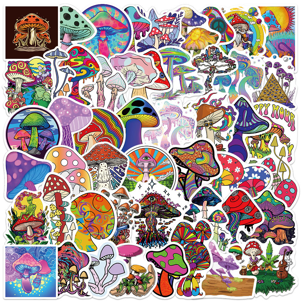 

50PCS Cartoon Psychedelic Mushroom Stickers Aesthetics Laptop Guitar Luggage Phone Waterproof Graffiti Sticker Decal Kid Toy