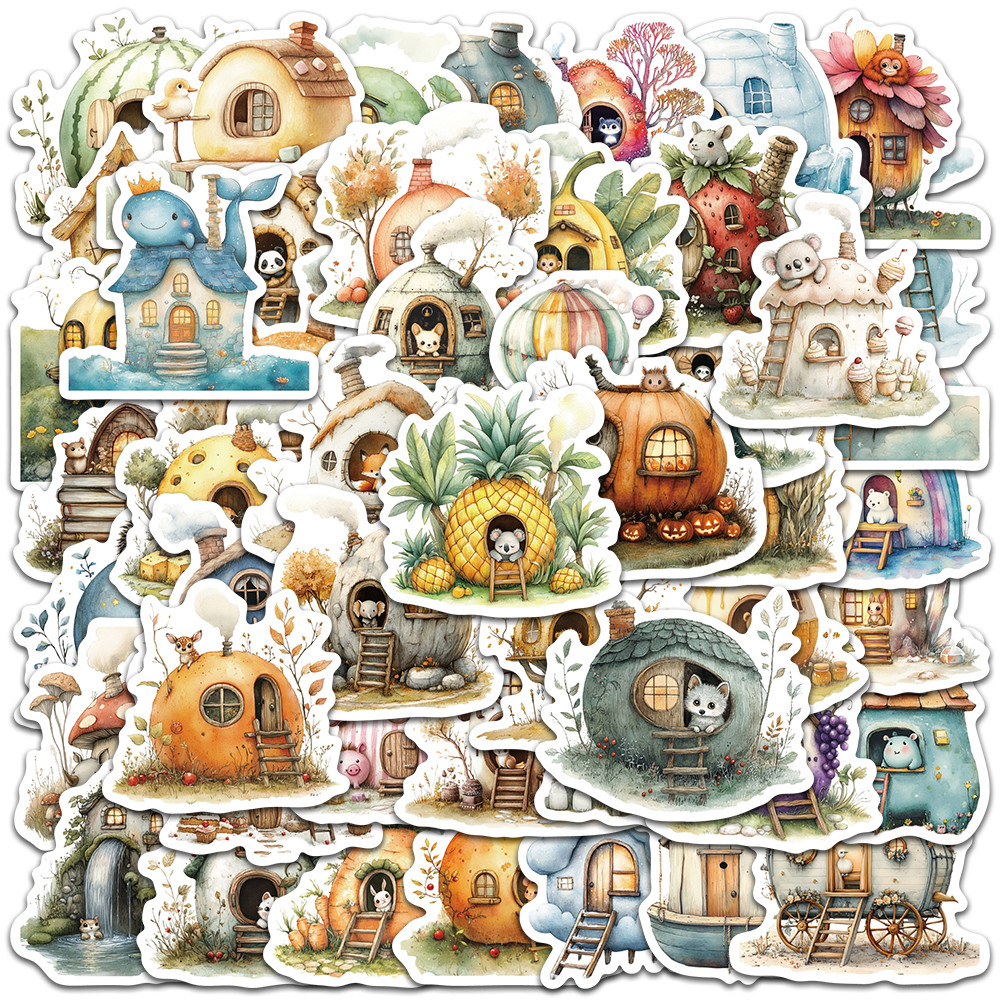 

50pcs Cute Cartoon Fancy Animal House Stickers For Luggage Laptop Water Bottle Notebook Phone Waterproof Vinyl Decals