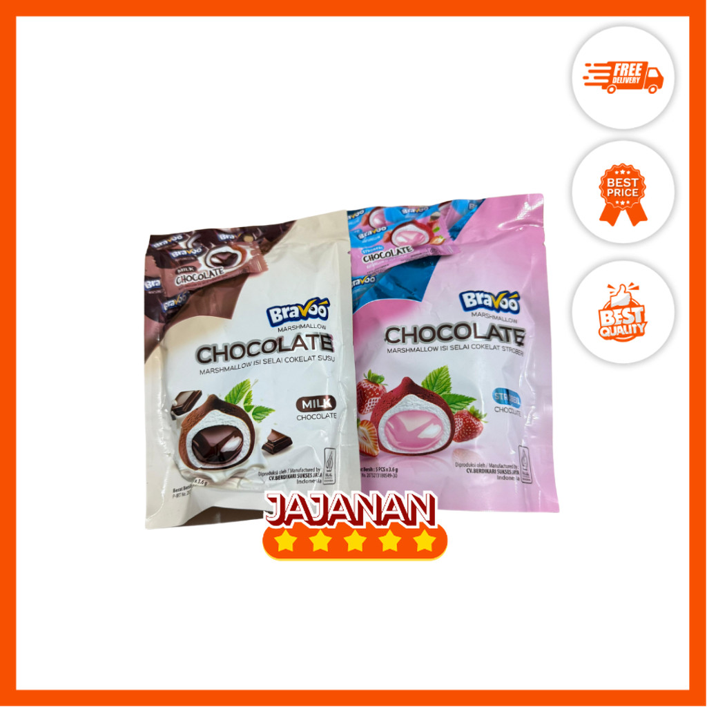 

Bravoo Marshmallow isi Selai Coklat Susu/Coklat Stroberi isi 5 pcs x 3.6gr | Jajanan Snack Grosir Termurah