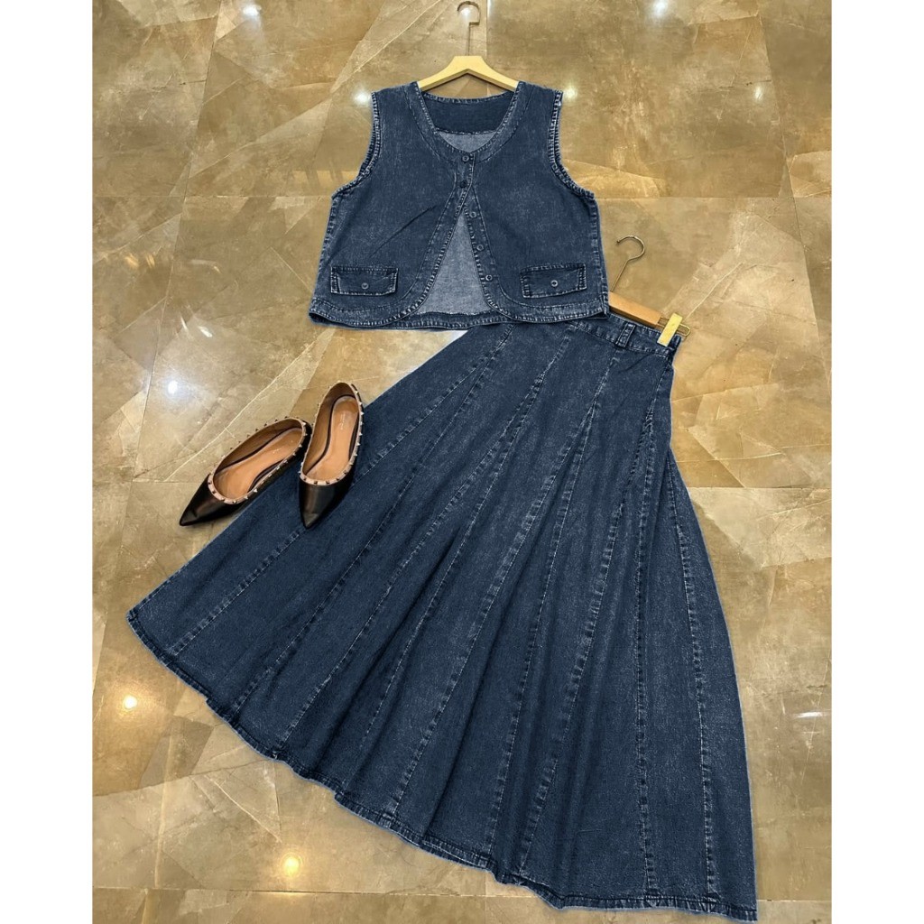 XERFARTZ Ellyfashion Monalisa Vest Set  Bahan Jeans Setelan Wanita Atasan Dan Rok Pakaian Wanita