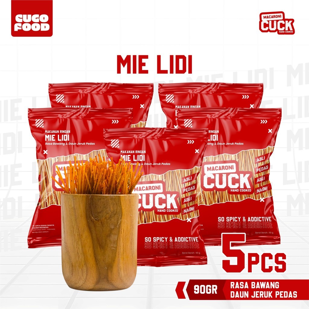 

Macaroni Cuck Mie Lidi Pedas Daun Jeruk 5 pcs x 80 Gram Kemasan Reguler Macaroni Cuck Snack Cemilan Asin Makanan Keripik Camilan Pedas