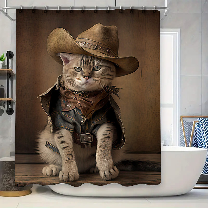 Western Cowgirl Cat Bath Mat Shower Curtain Printed Pet Decor Bathroom Accessories Brown Leopard Pri