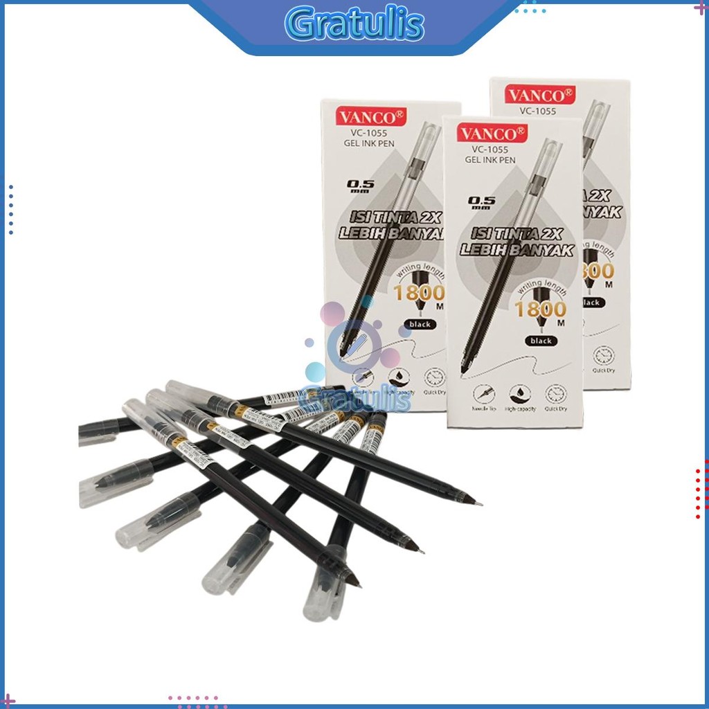 

PULPEN GEL VC-1055 VANCO [12 PCS] / BOLPEN JEL 1 PAK / BALL PEN 1 PACK TINTA HITAM / ALAT TULIS SEKOLAH