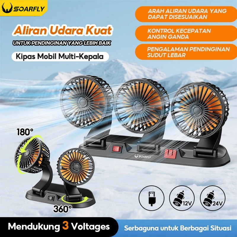 HARSTORE SOARFLY Kipas Angin Mobil 3 Kepala 12/24V Kipas Pendingin Truck USB Dashboard Rotasi 360 Fa