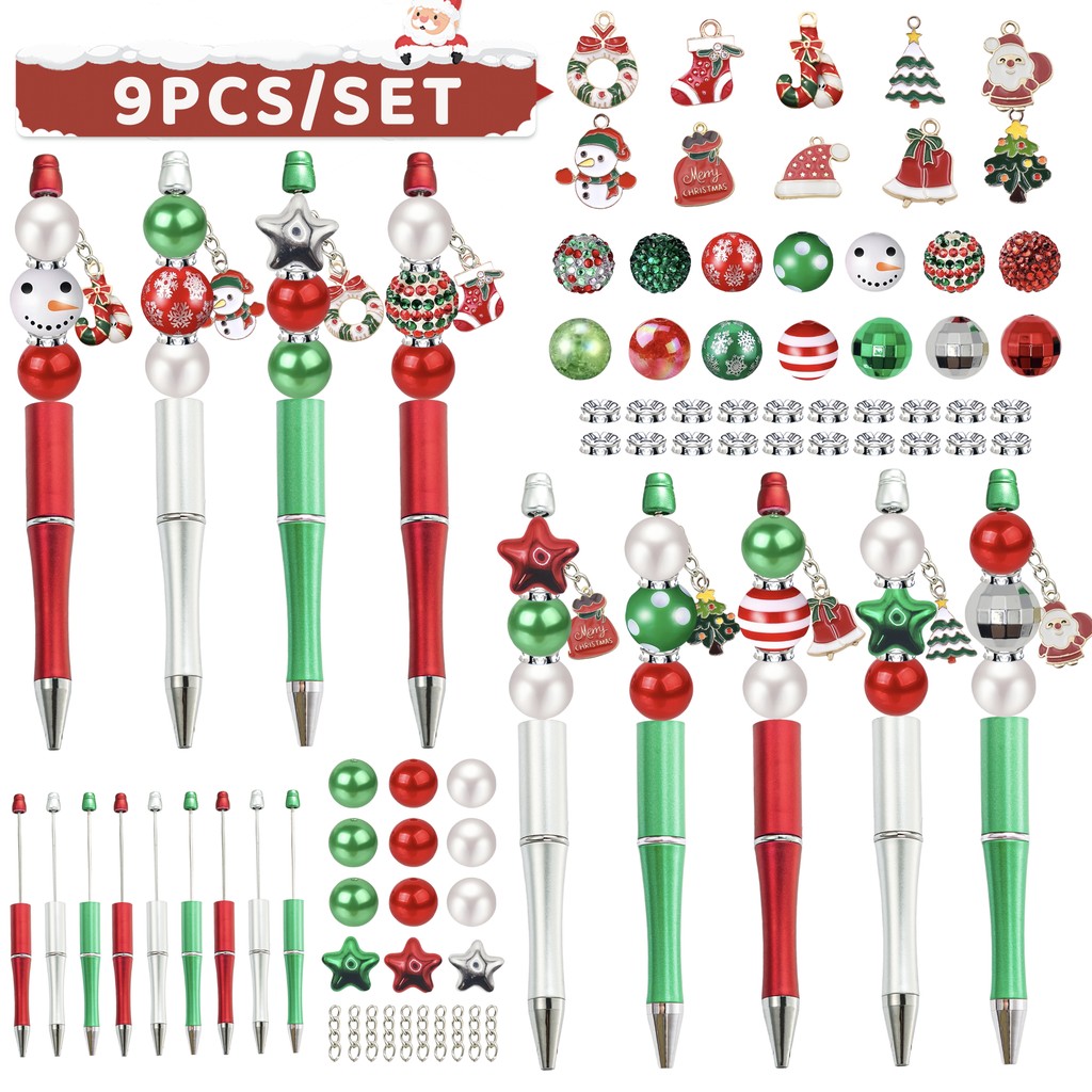 

9PCS Red Green Silver Themed DIY Bead Ballpoint Pen & Acrylic Star Bead & Santa Claus Snowman Pine Tree Bell Pendant