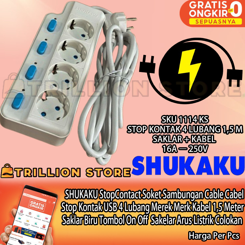 SHUKAKU StopContact Soket Sambungan Cable Cabel Kable Stop Kontak USB 4 Lubang Merek Merk Kabel 1,5 