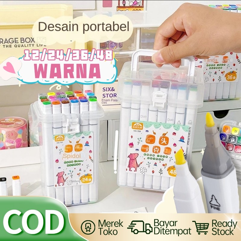 

spidol warna warni 1 set, Berbasis Minyak Ujung Ganda Set Lengkap marker Anak 12-48 Warna Pensil Cat Air Set Warna