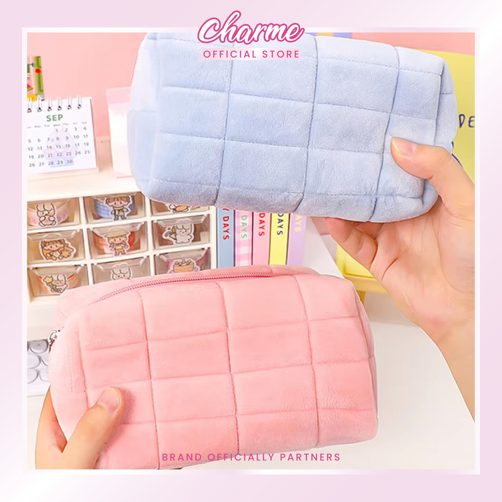 Pouch Makeup Bulu / Tempat Pouch Pillow Korea / Kotak Pensil Sleting Velvet Aesthetic Pastel / Kotak