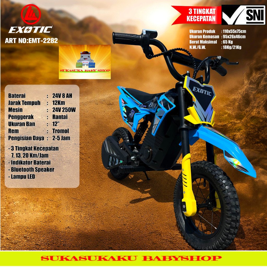 Motor Trail Aki Anak Mini EMT 2282 EXOTIC Elektrik Terbaru X-Trail BAN ANGIN 24V 8AH Adaptor 3 Speed
