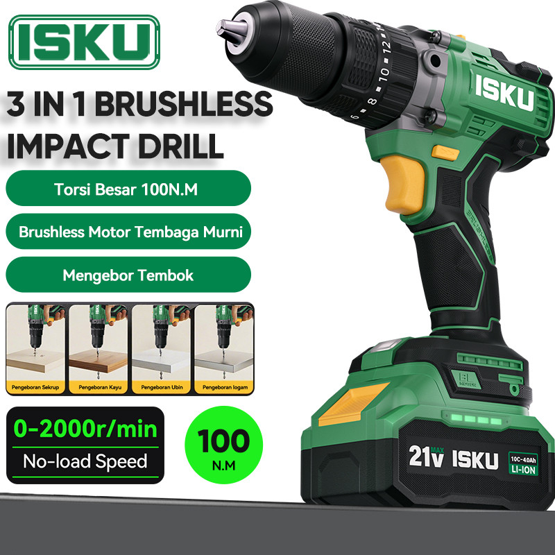 Isku 3 In 1 Brushless Impact Cordless Drill Lithium 21v 100N.M Torsi Besar Untuk Bor Beton & Sekrup