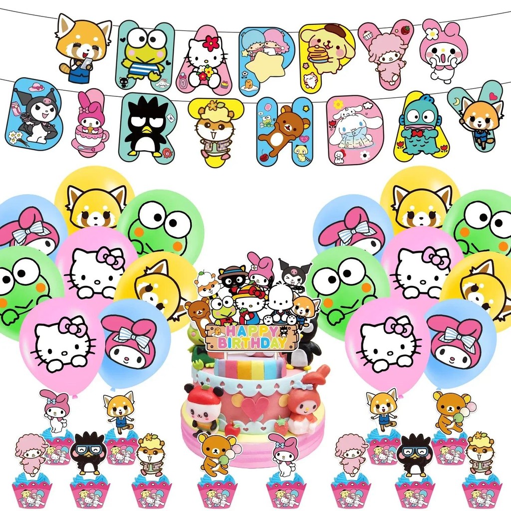 Kawaii Hello Kitty Kuromi Cinnamoroll Birthday Party Decoration Party Supplies Banner Balloons Birth