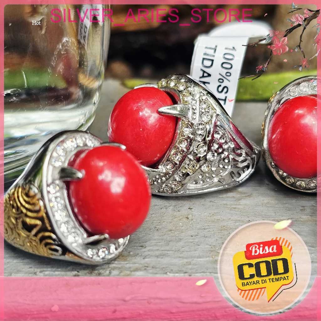 Silver Aries. Cincin merah delima batu menyala dalam air dengan Ring Titanium Anti Karat, cincin bat