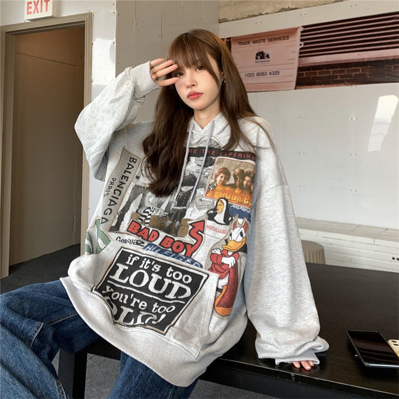 [Plus Size](40-150kg) Wanita Hoodie Katun Longgar Gaya Amerika Oversized Fashion Sweater Lengan Panj