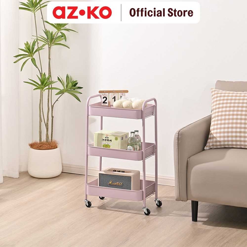 AZKO Stora Milka Rak Troli 3 Tingkat - Pink Rak Serbaguna Rak Portable Rak Roda Rak Susun